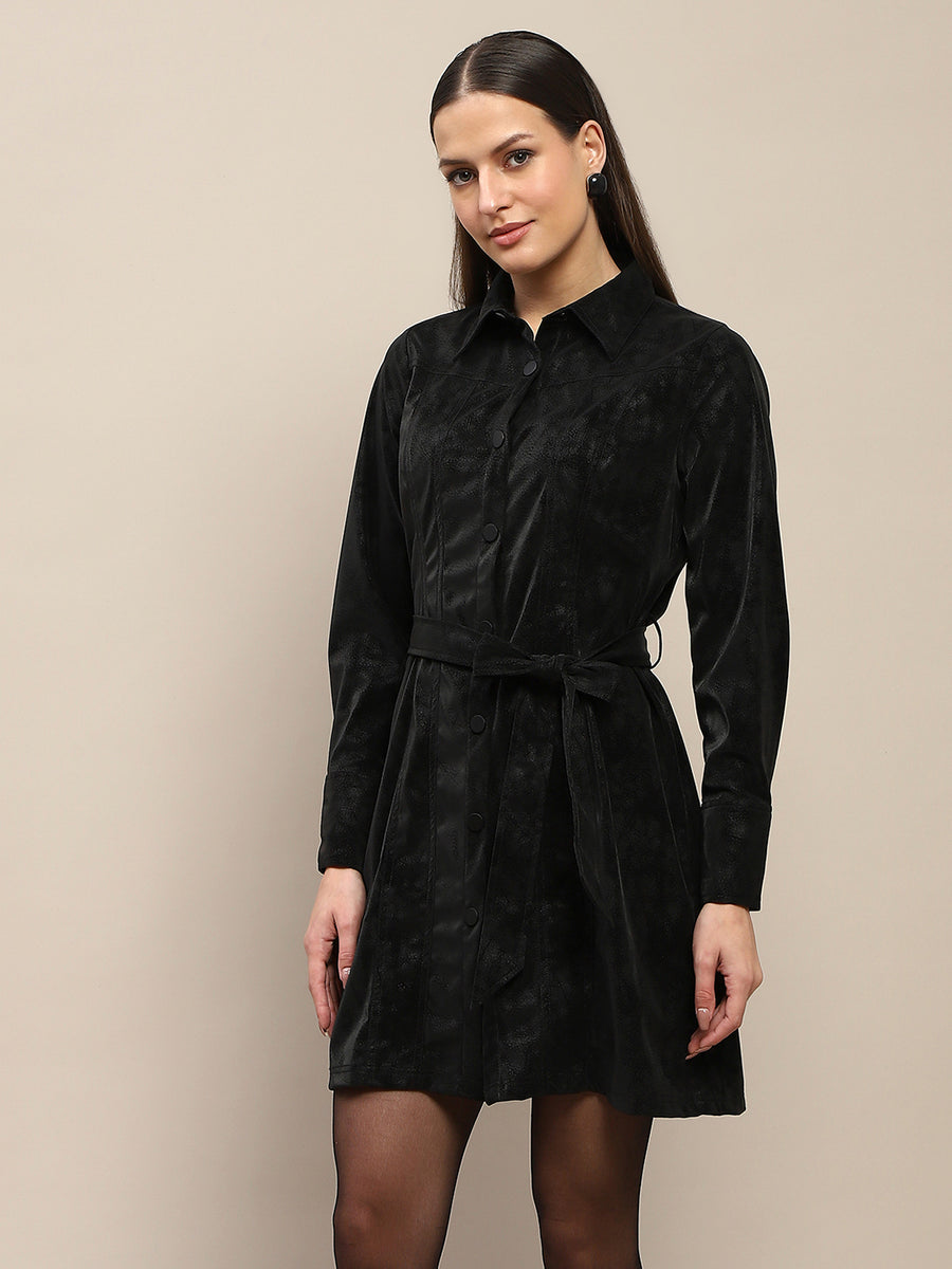 Madame Belted Button Down Black Mini Shirt Dress