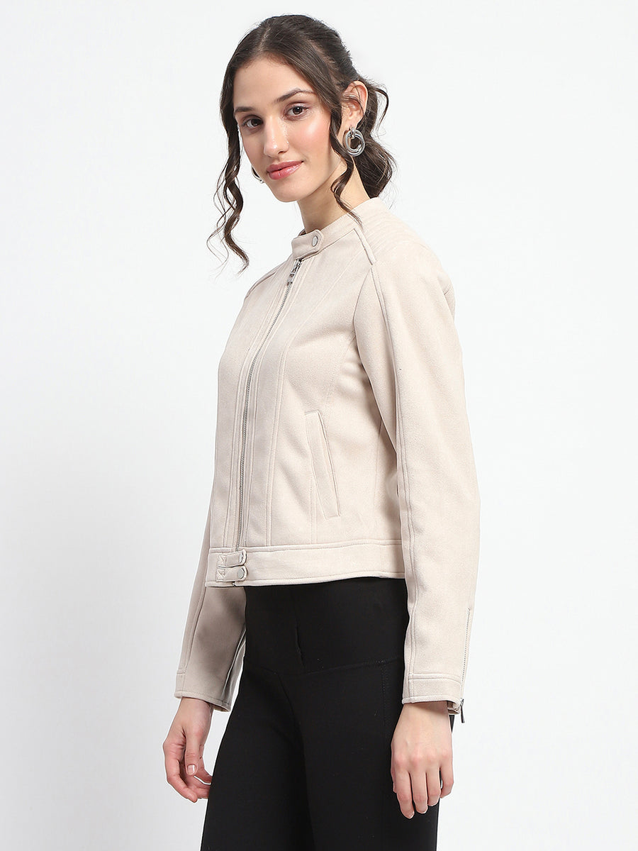 Madame Flap Collared Beige Suede Jacket