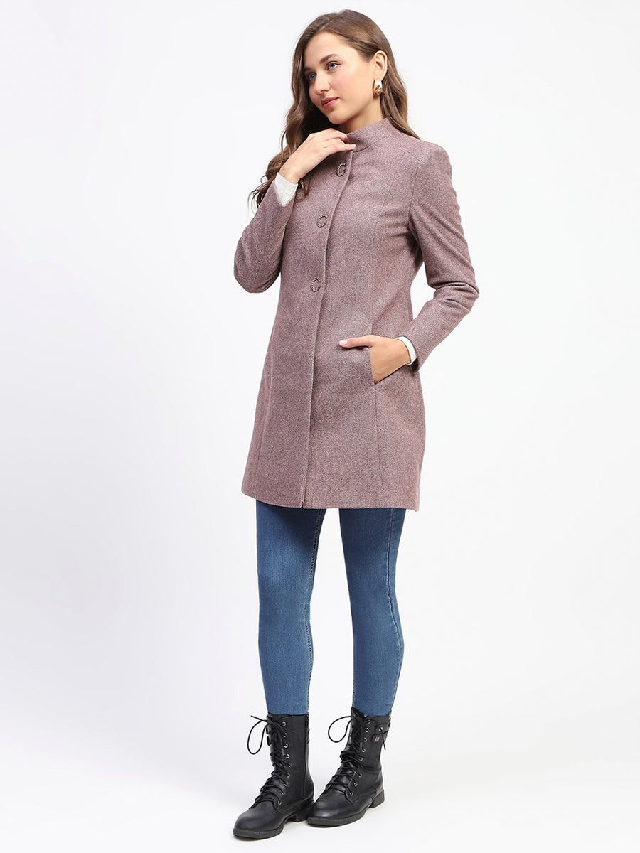 Madame Metal Buttoned Self Designed Wine Long Coat