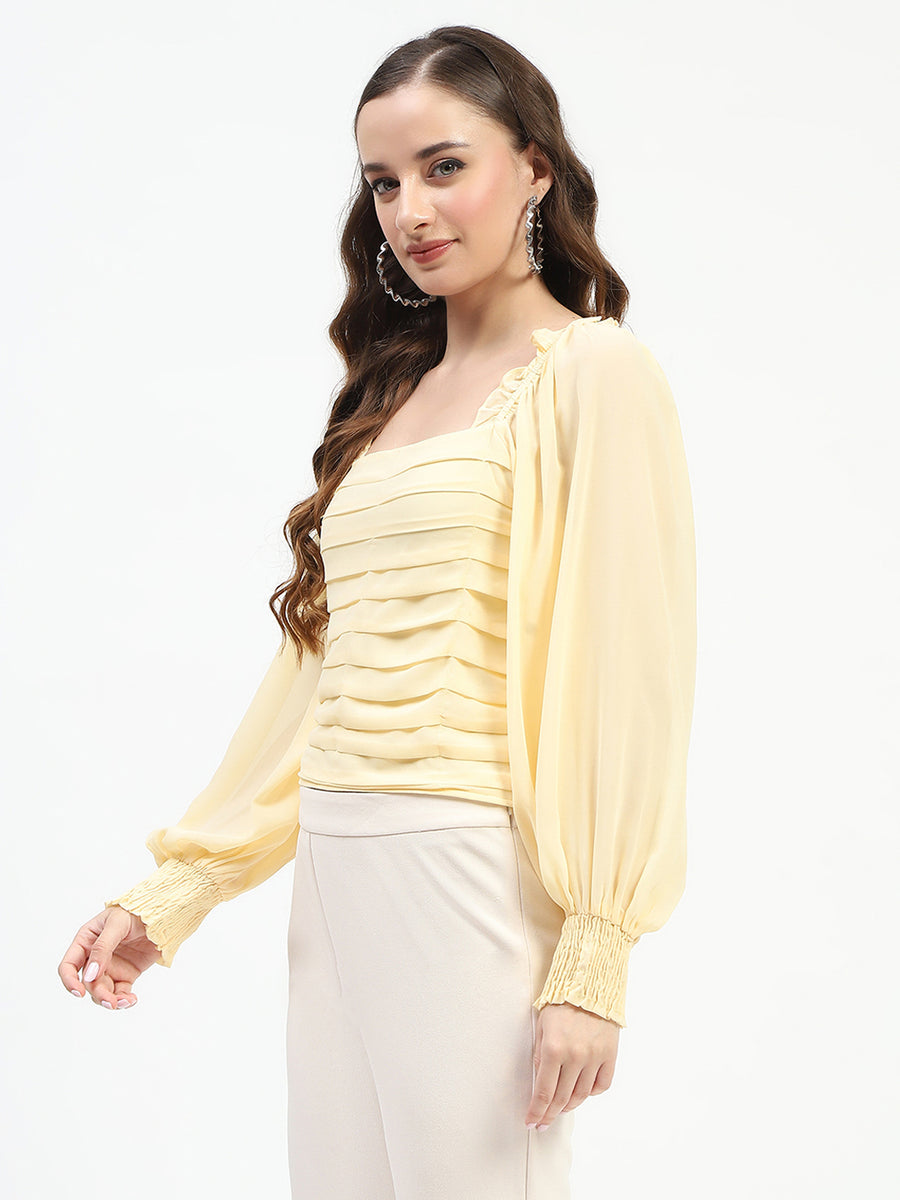 Madame Ruched Layered Square Neck Bishop Sleeve Yellow Top