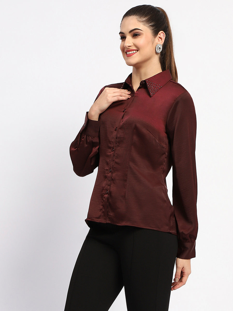 Madame Wine Embellished Collar Button-Up Shirt