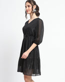 Madame Shimmery Tiered Belted Waist Black Midi Dress