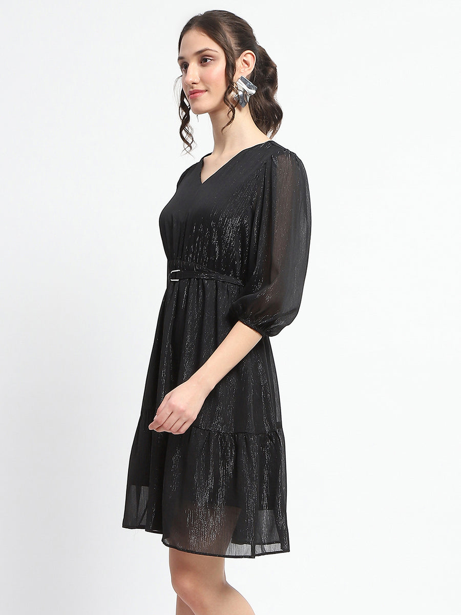 Madame Shimmery Tiered Belted Waist Black Midi Dress