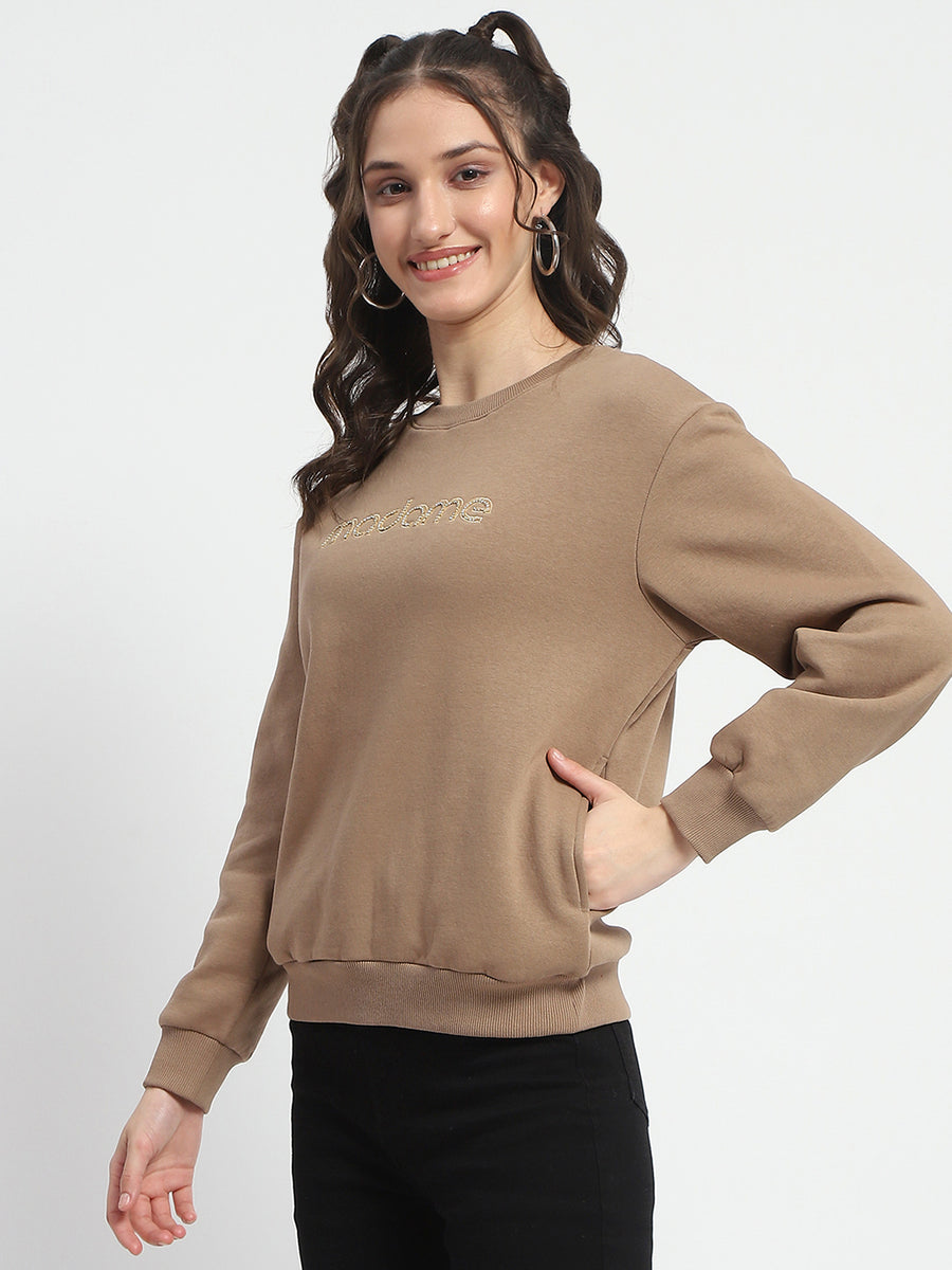 Madame Typography Adorned Cotton Blend Brown Sweatshirt