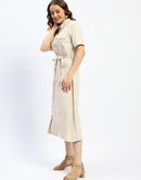 Madame Viscose Blend Belted Button Down Beige Shirt Dress