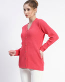 Madame Solid Coral Cable Knit Full Sleeve Cardigan