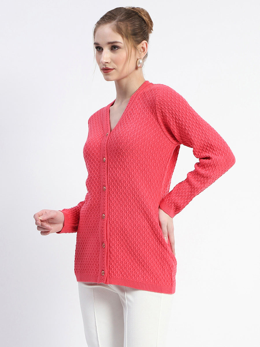 Madame Solid Coral Cable Knit Full Sleeve Cardigan