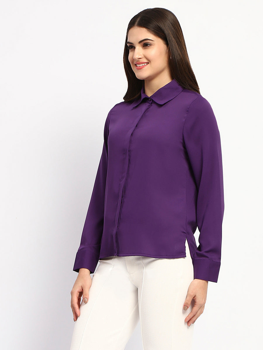 Madame Solid Purple Cuff Sleeve Shirt