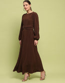 Madame Pleated Front Buckle Detailed Solid Chocolate Maxi Dress