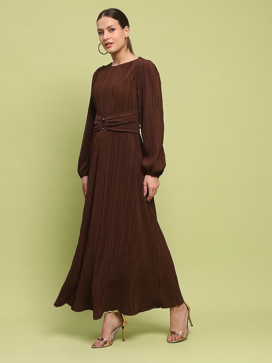 Madame Pleated Front Buckle Detailed Solid Chocolate Maxi Dress