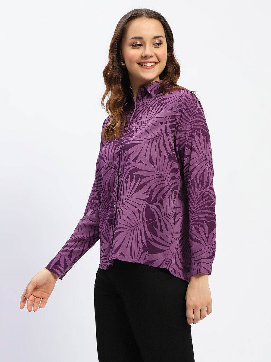 Madame Leaf Print Button-Down Purple Shirt