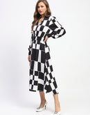 Madame Viscose Chessboard Print Cinched Waist Black Dress