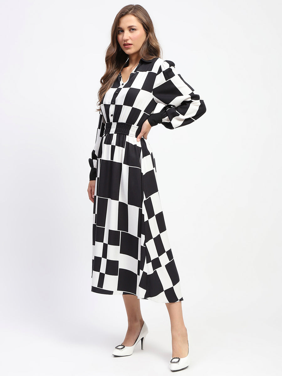 Madame Viscose Chessboard Print Cinched Waist Black Dress