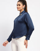 Madame Embellished Collar Cuff Sleeve Solid Teal Shirt