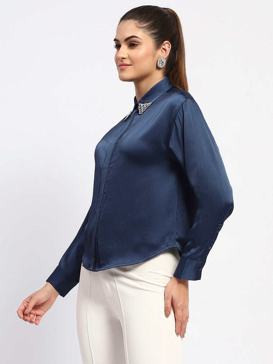 Madame Embellished Collar Cuff Sleeve Solid Teal Shirt