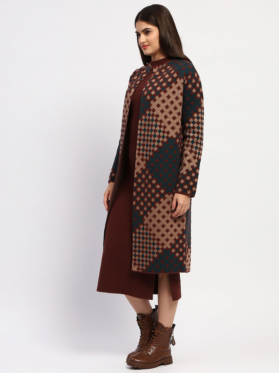 Madame Geometric Print Long Coat And Midi Dress Ensemble