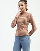 Madame Mock Neck Striped Button Detailed Sleeve Brown Top