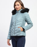 Madame Fur Hooded Sea Green Puffer Jacket