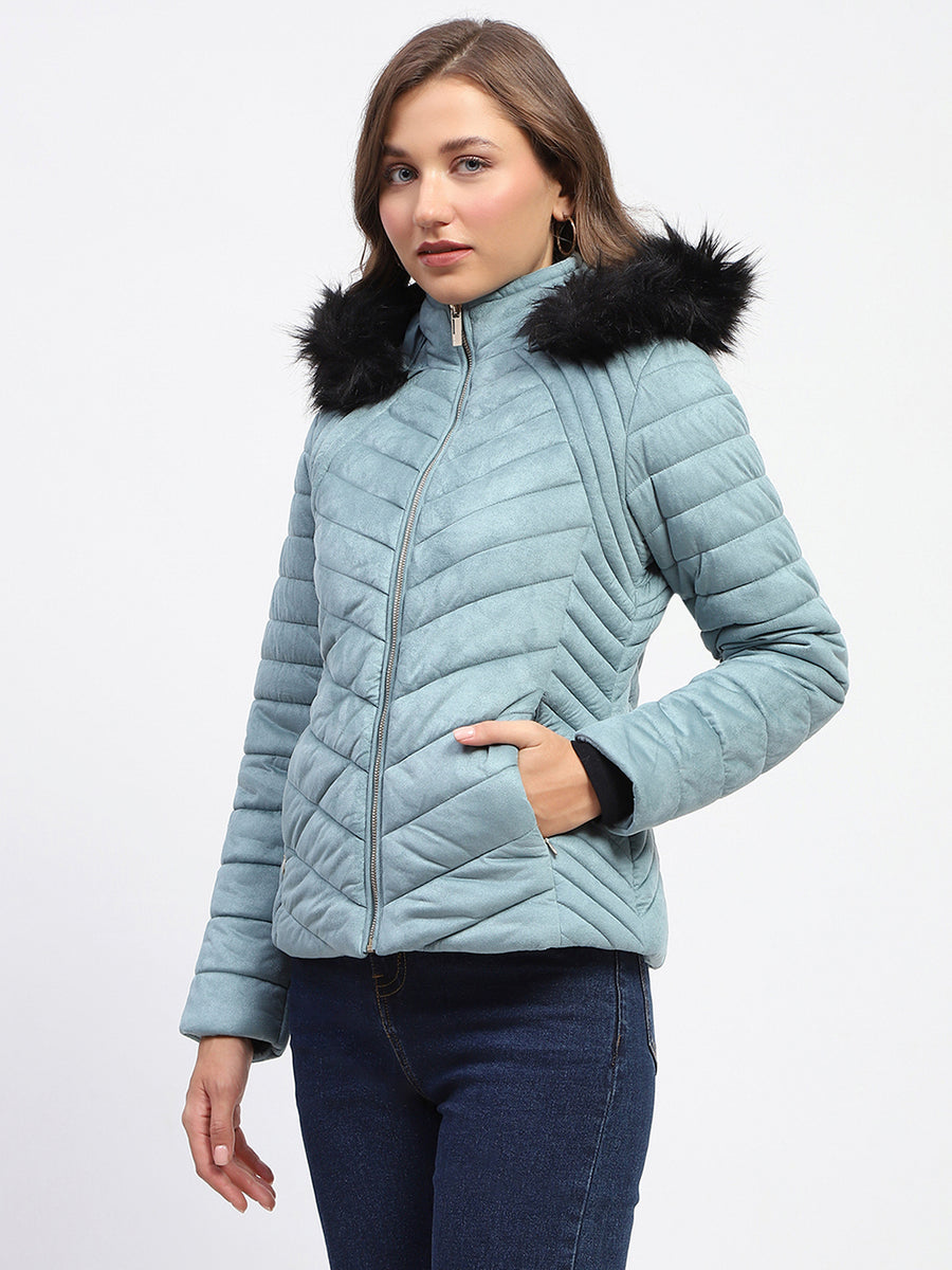 Madame Fur Hooded Sea Green Puffer Jacket