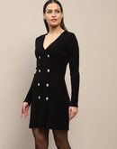 Madame Double Breasted V Neck Black Knitted Mini Dress