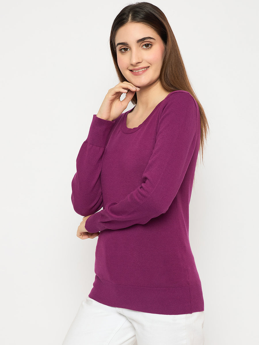 Madame Round Neck Ribbed Cuff Purple Sweater