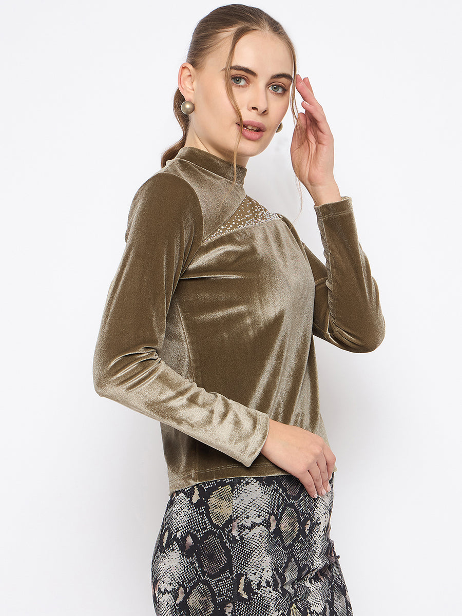 Madame Band Neck Sew Detailed Swarovski Embellished Olive Velvet Top