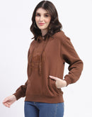 Madame Fleece Embroidered Closed Brown Hooded Sweatshirt For Women