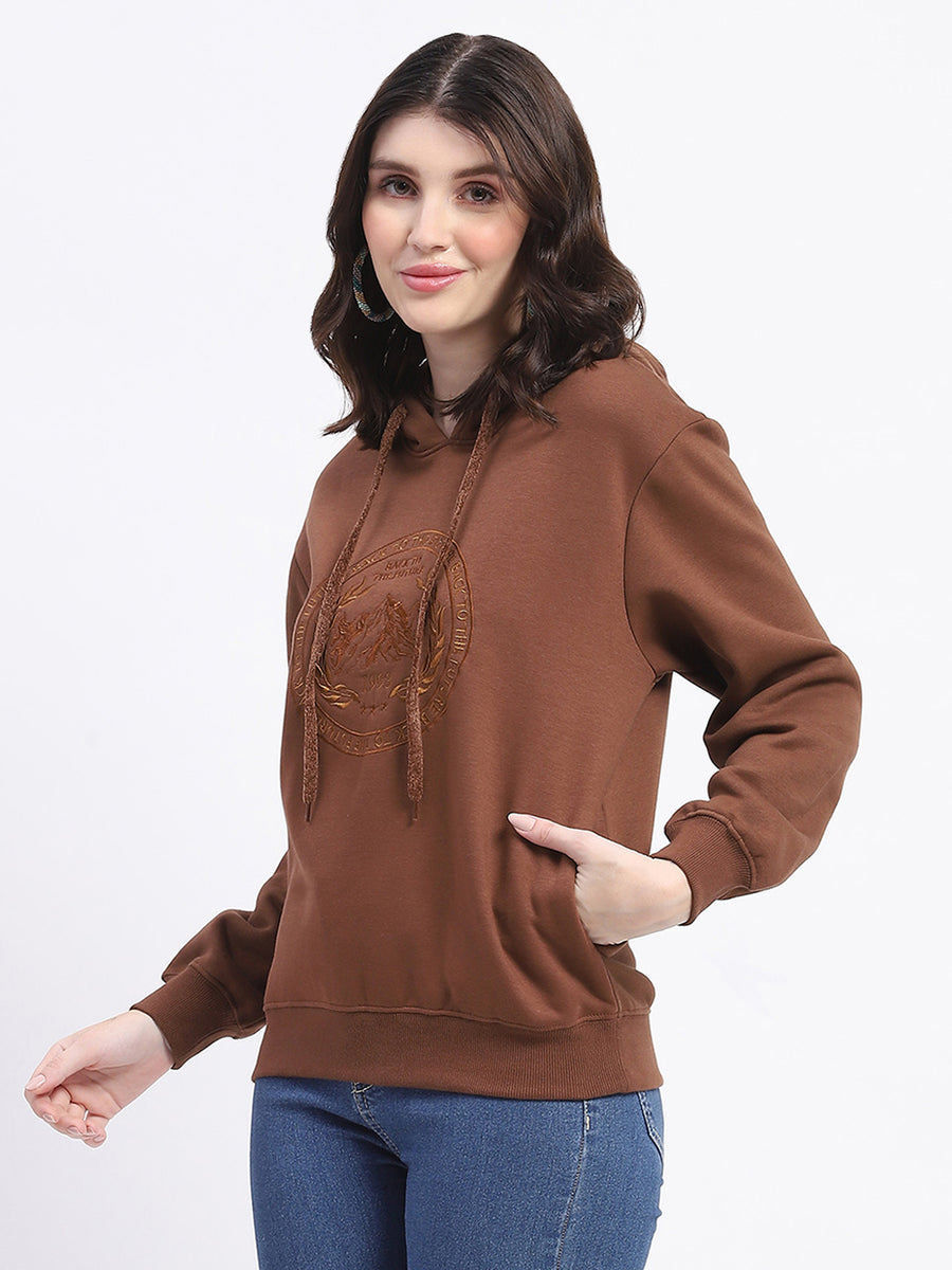 Madame Fleece Embroidered Closed Brown Hooded Sweatshirt For Women