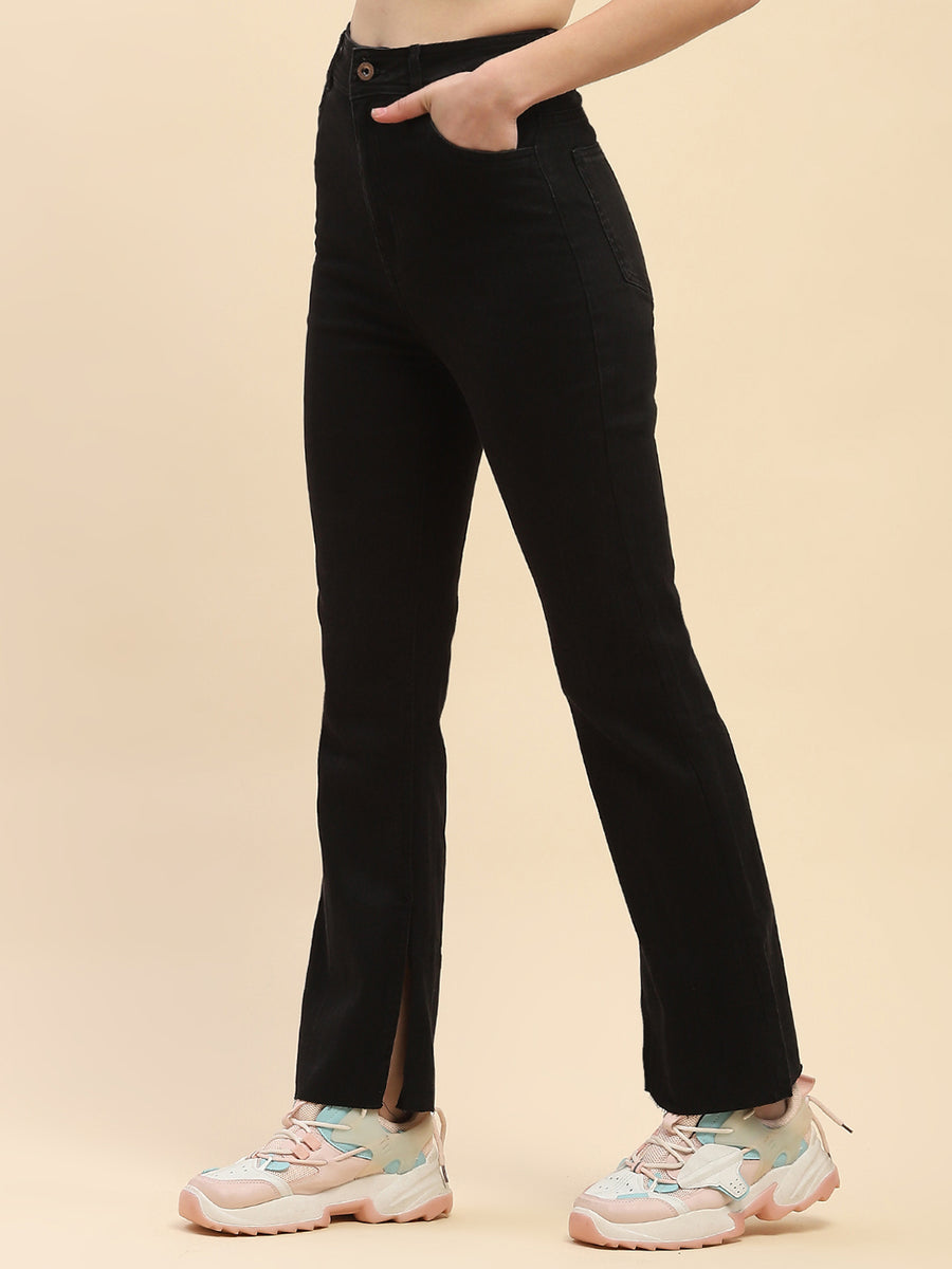 Camla Barcelona Solid Black Side Slit Jeans