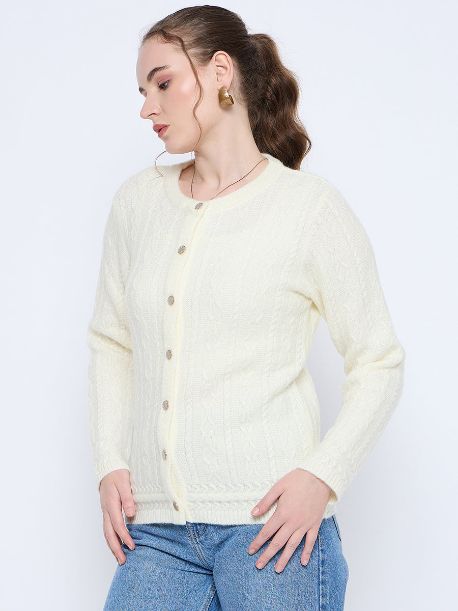 Madame Self Design Crew Neck Off White Cardigan