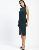 Madame Button Accented Asymmetrical Neck Teal Midi Dress