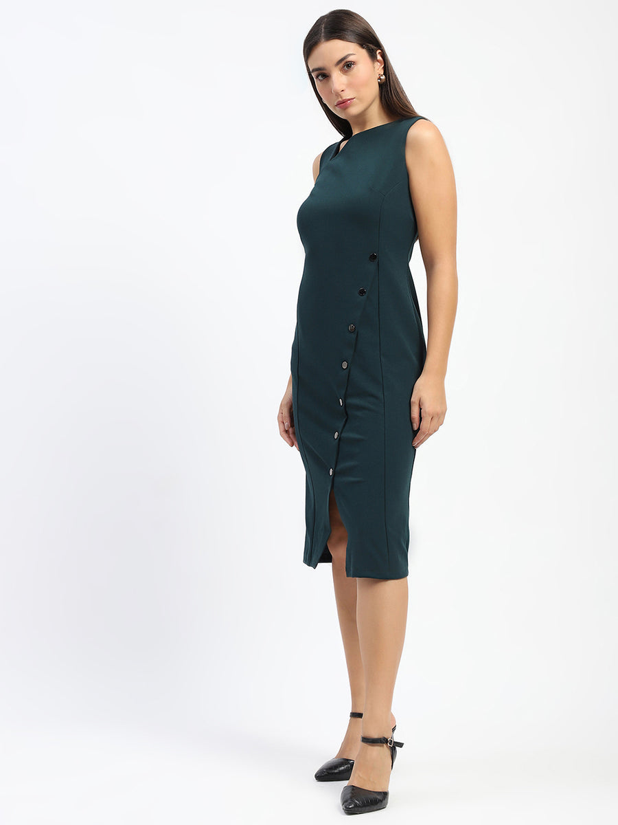 Madame Button Accented Asymmetrical Neck Teal Midi Dress