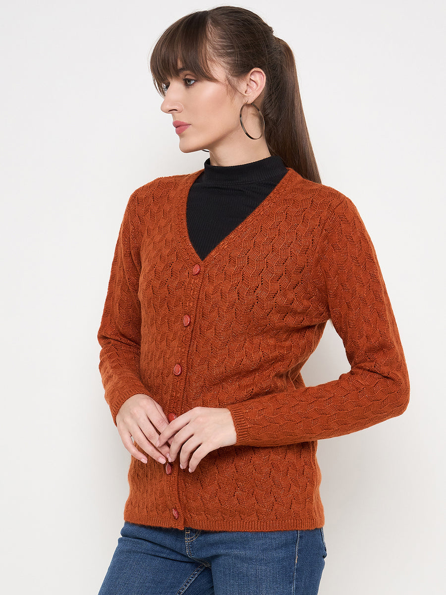 Madame Cable Knit Solid Burnt Orange Buttoned Cardigan