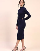 Camla Barcelona Ring Accented Shimmery Navy Midi Dress