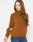 Madame Raglan Sleeve Embroidered Brown Zipped Sweatshirt