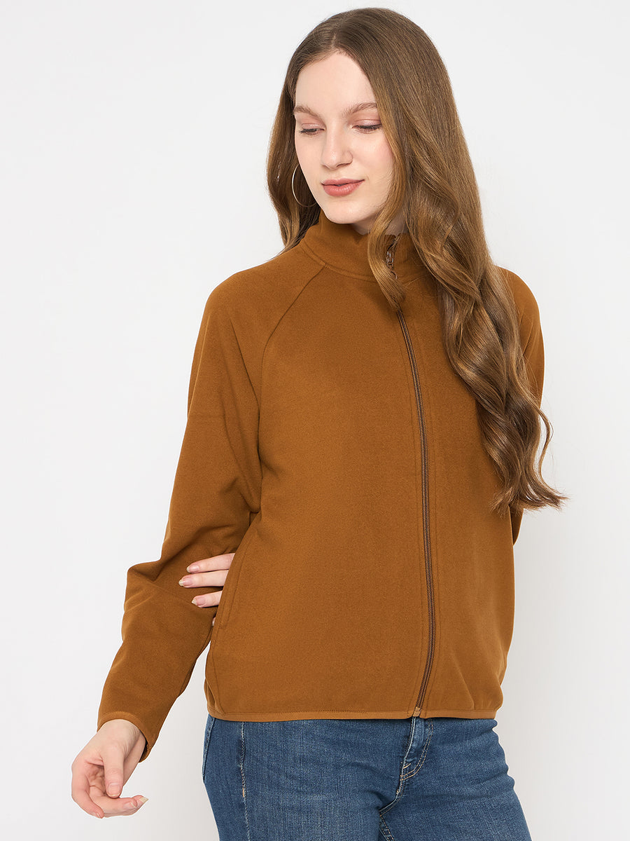 Madame Raglan Sleeve Embroidered Brown Zipped Sweatshirt