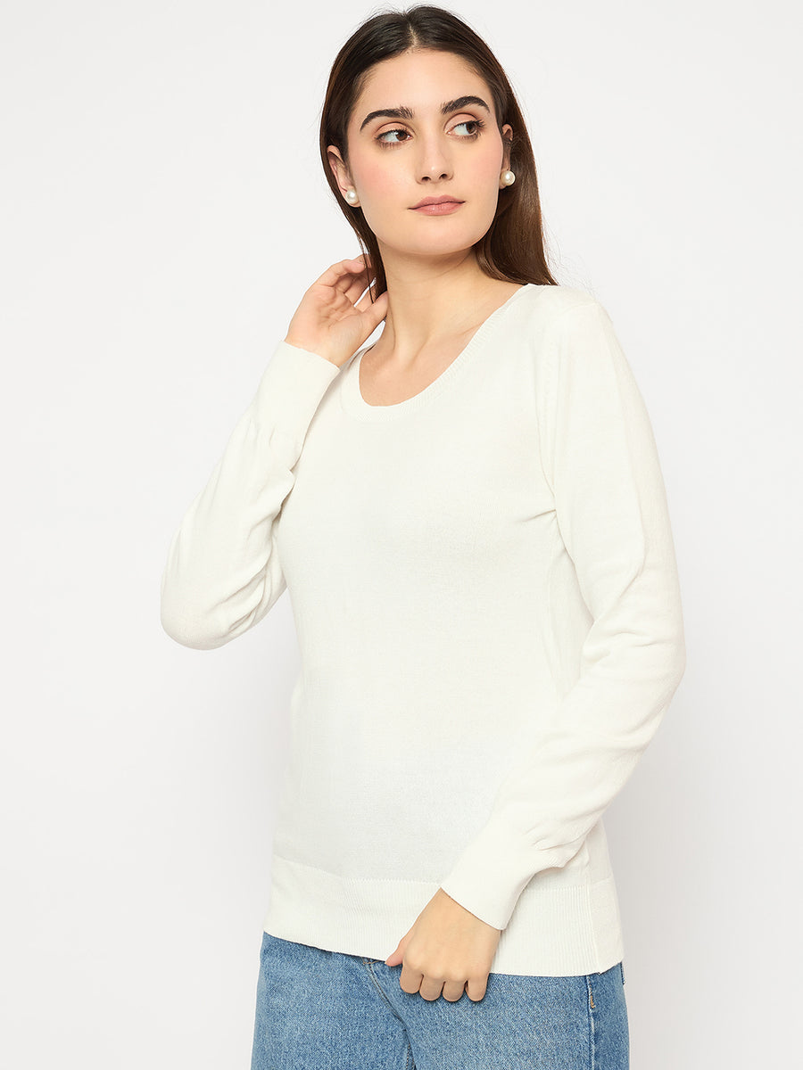 Madame Round Neck Ribbed Cuff Off White Sweater