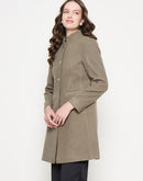 Madame Mélange Button Detailed T Neck Olive Long Coat