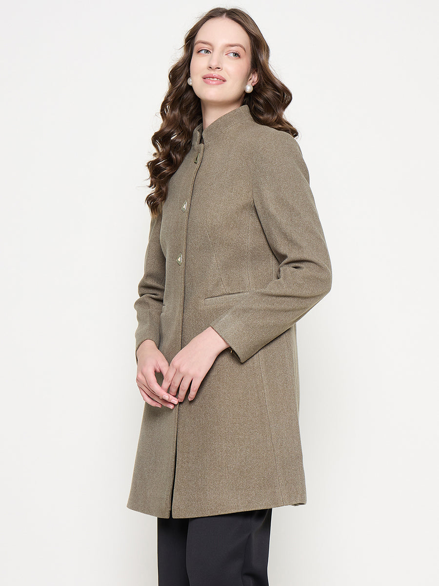 Madame Mélange Button Detailed T Neck Olive Long Coat