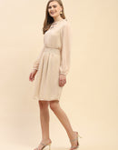 Camla Barcelona Cinched Waist Beige Chain Embellished Neck Dress