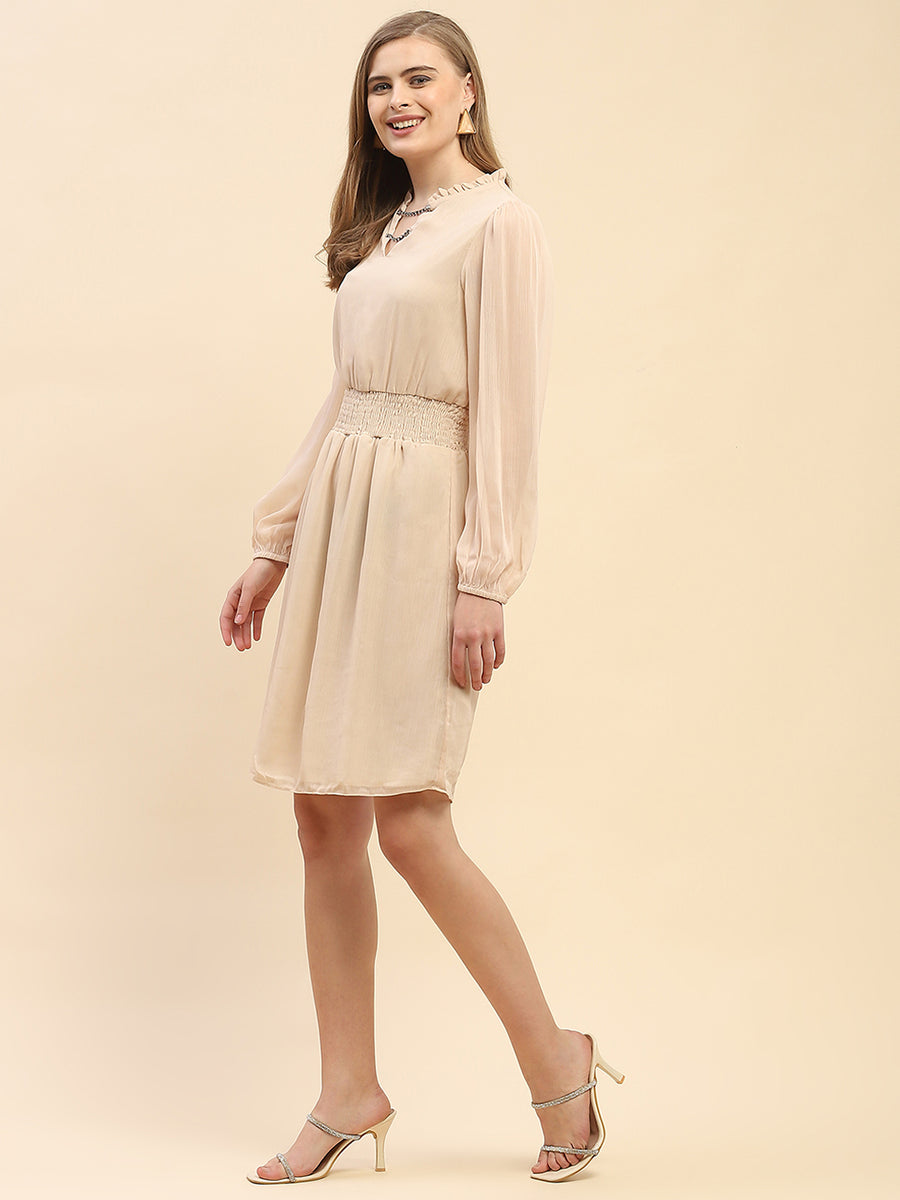 Camla Barcelona Cinched Waist Beige Chain Embellished Neck Dress