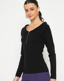 Madame Viscose Blend Open Shoulder With Zip Black Top