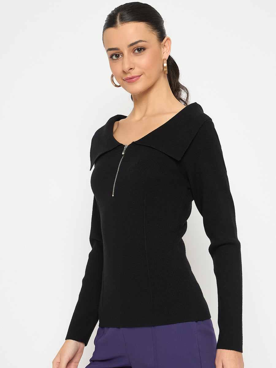 Madame Viscose Blend Open Shoulder With Zip Black Top