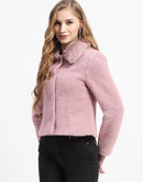 Madame Solid Purple Fur Neck Short Coat