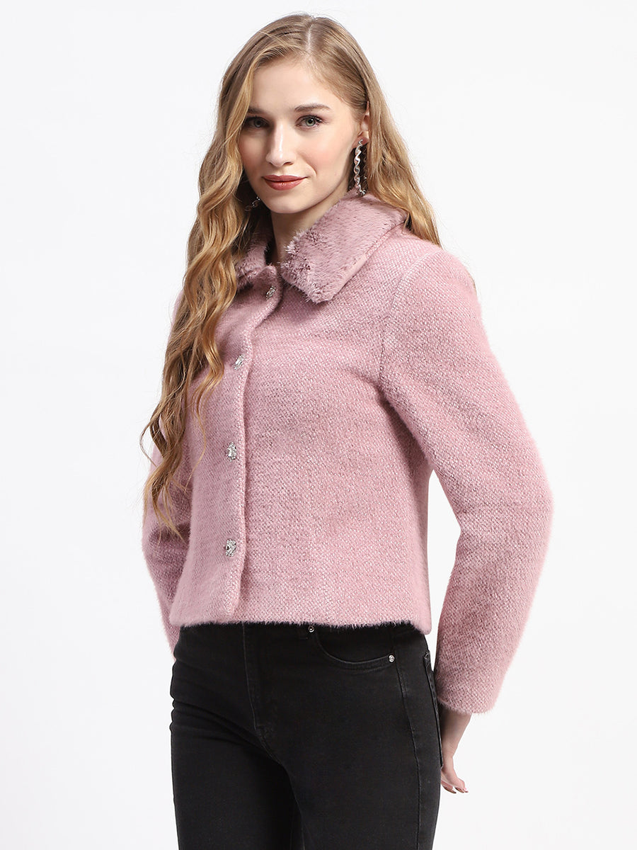 Madame Solid Purple Fur Neck Short Coat