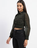 Madame Cinch Waist Marble Print Olive Crop Shirt