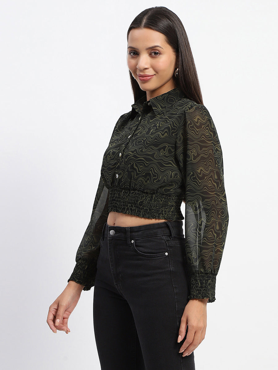 Madame Cinch Waist Marble Print Olive Crop Shirt