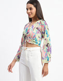 Madame Ruched Abstract Print Bell Sleeves Lilac Crop Top