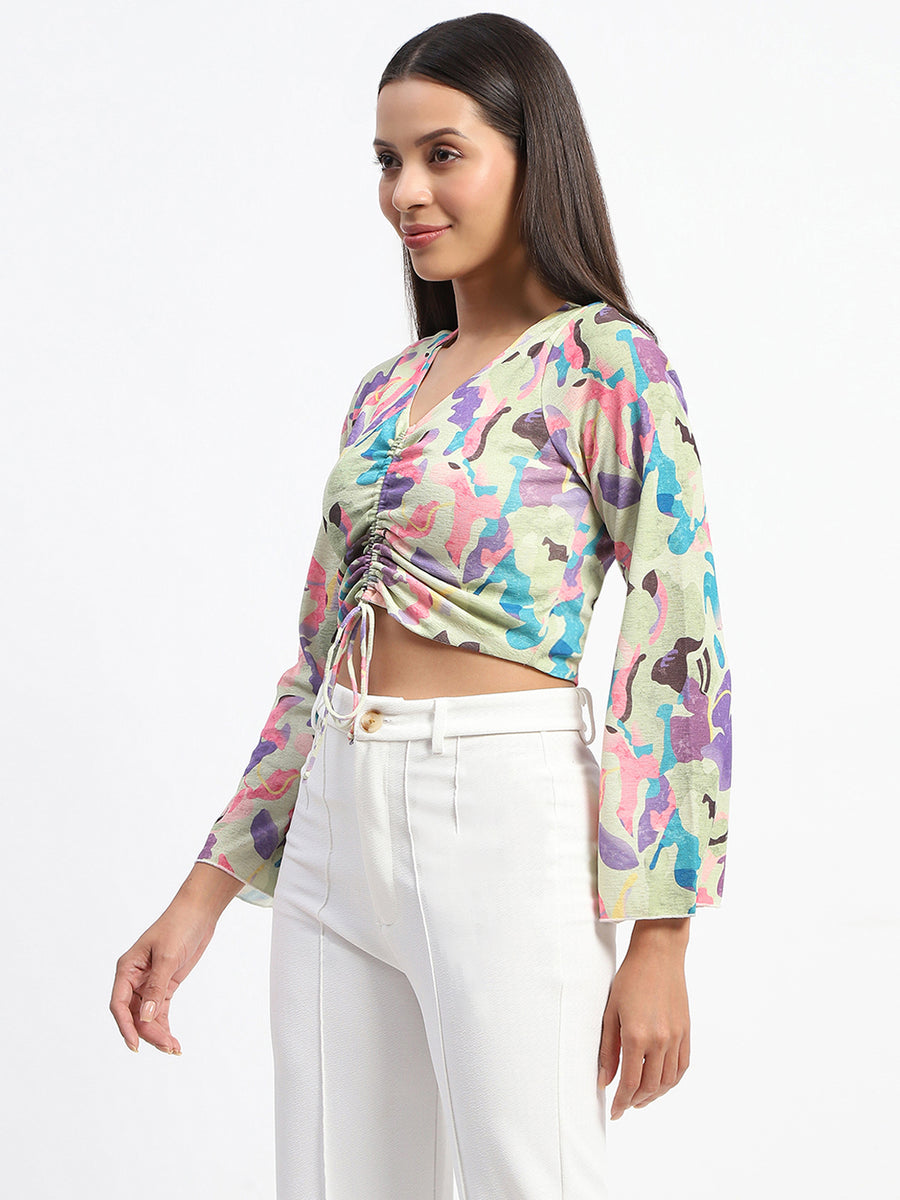 Madame Ruched Abstract Print Bell Sleeves Lilac Crop Top