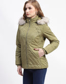 Madame Faux Fur Quilted Apple Green High Collar Puffer Jacket